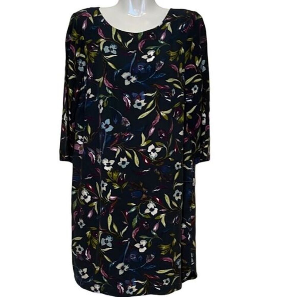 J Jill Womens Dress SP‎ Blue Floral 3/4 Sleeve Pockets Crew Neck Round Hem